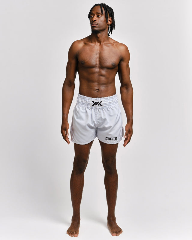 Muay Thai trenky Caged Classic – Bílé/Černé