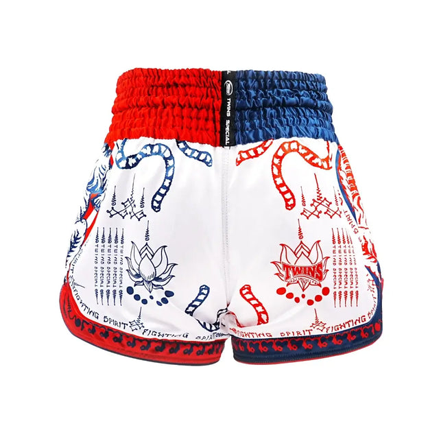 Pantalones de Muay Thai Twins TTBL Yant – Blanco/Azul/Rojo