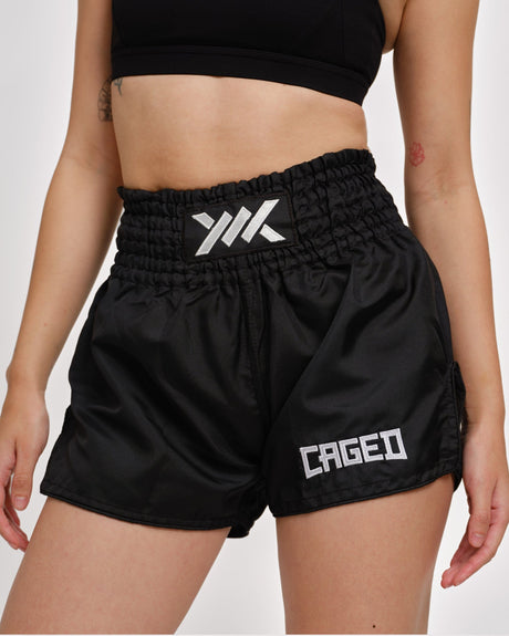 Pantaloni scurți Muay Thai Caged Classic – Negru/Alb femei