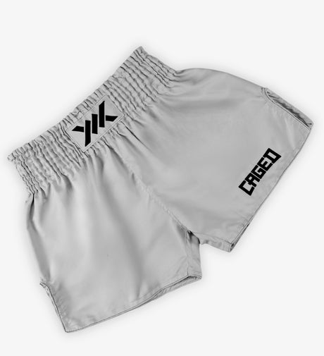 Pantaloni scurți Muay Thai Caged Classic – Gri deschis/Negru femei