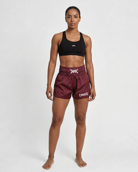 Pantaloni scurți Muay Thai Caged Classic – Bordeaux/Alb femei