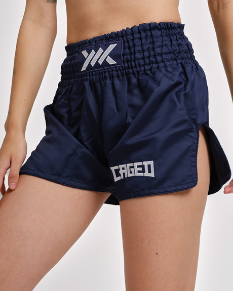 Pantaloni scurți Caged Muay Thai Classic – Albastru închis/Alb femei