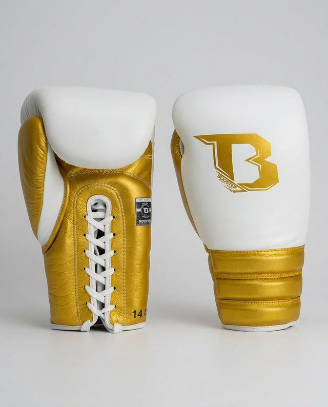 Luvas de boxe Booster Rapid Strike com fecho de cordão – Branco/Ouro