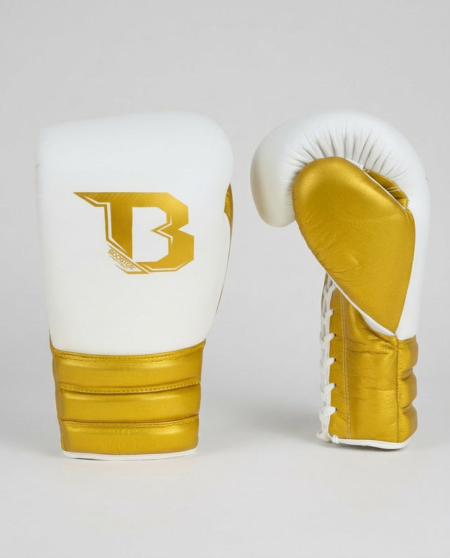 Luvas de boxe Booster Rapid Strike com fecho de cordão – Branco/Ouro