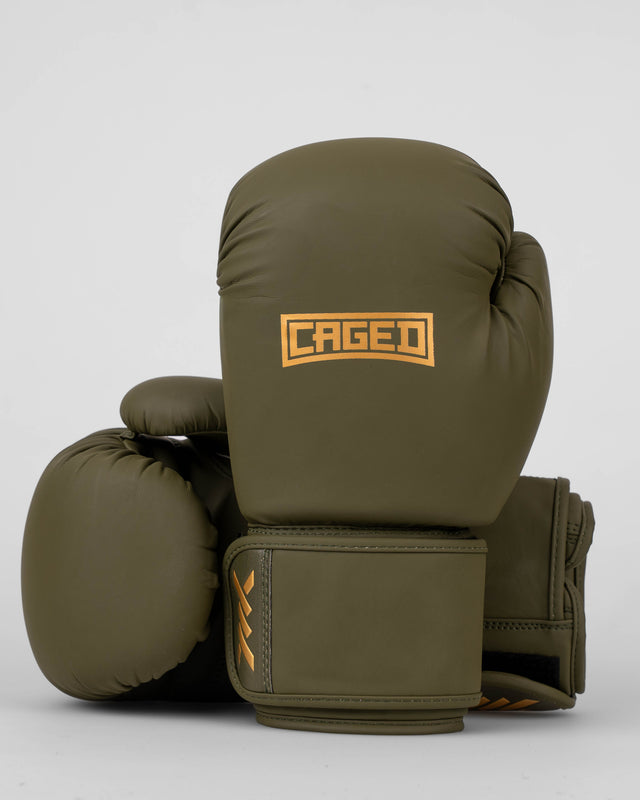 Rękawice bokserskie Caged Shadow – Khaki/Złote