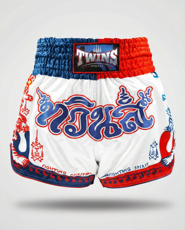 Shorts de Muay Thai Twins TTBL Yant – Blanc/Bleu/Rouge