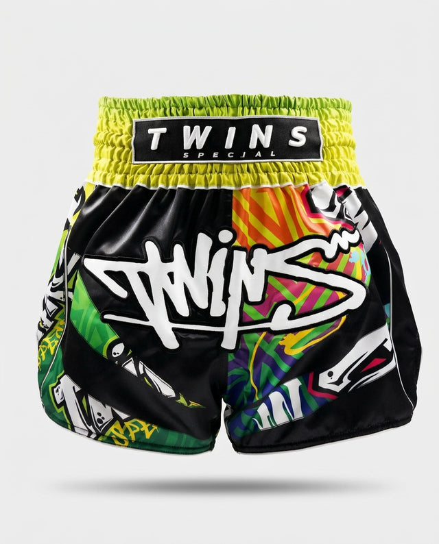 Twins Muay Thai Shorts TTBL Graffiti - Black/Green/Yellow