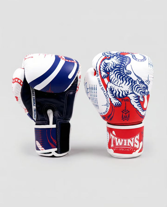Luvas de boxe Twins FBGVL4 Yant – Branco/Azul/Vermelho