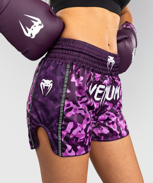 Calções de Muay Thai Venum Iris – Roxo/Camuflagem Rosa